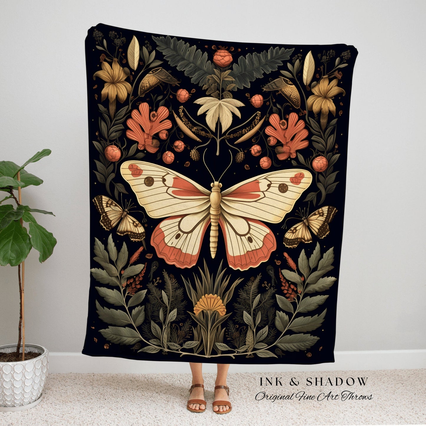 Boho Botanical Butterfly Blanket | Botanical Witchy Aesthetic Room Decor Gothic Art Crowcore Room Decor Dark Cottagecore Moth Blanket Woven