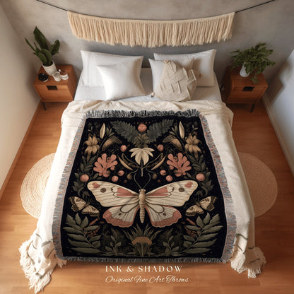 Boho Botanical Butterfly Blanket | Botanical Witchy Aesthetic Room Decor Gothic Art Crowcore Room Decor Dark Cottagecore Moth Blanket Woven