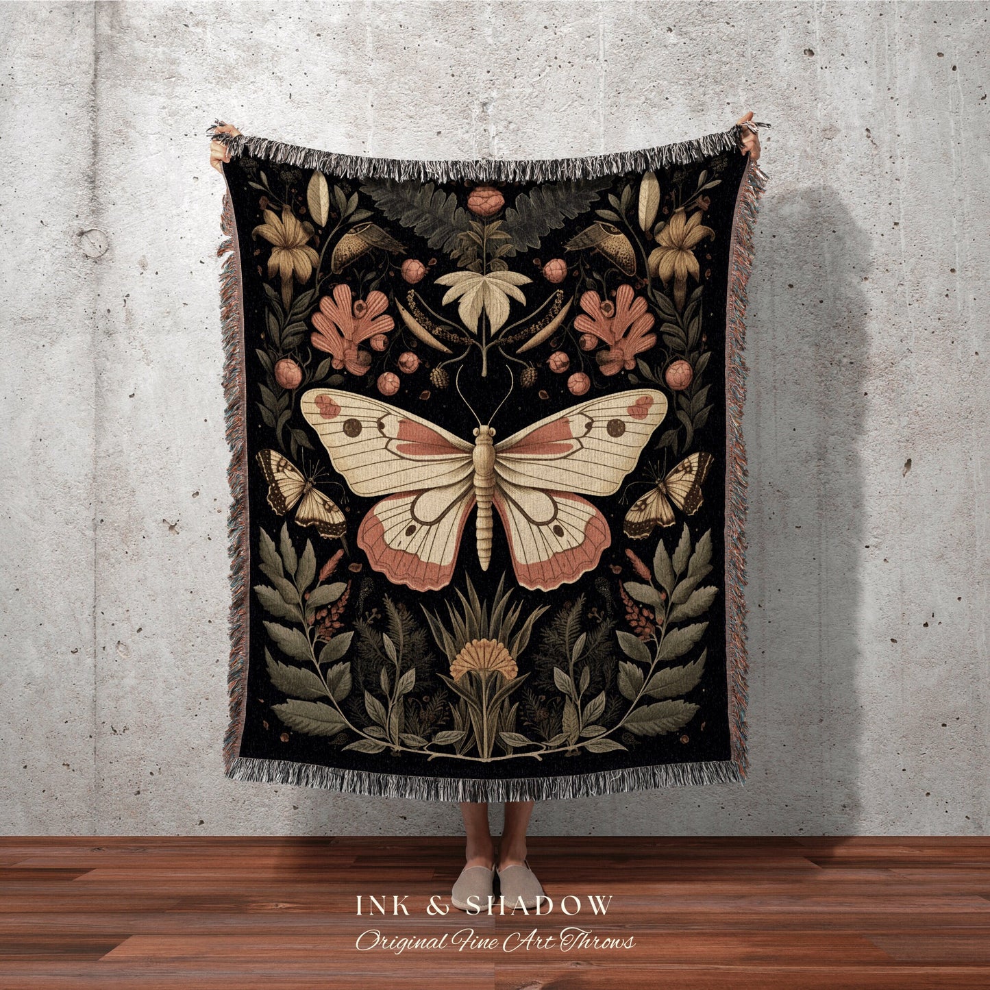 Boho Botanical Butterfly Blanket | Botanical Witchy Aesthetic Room Decor Gothic Art Crowcore Room Decor Dark Cottagecore Moth Blanket Woven