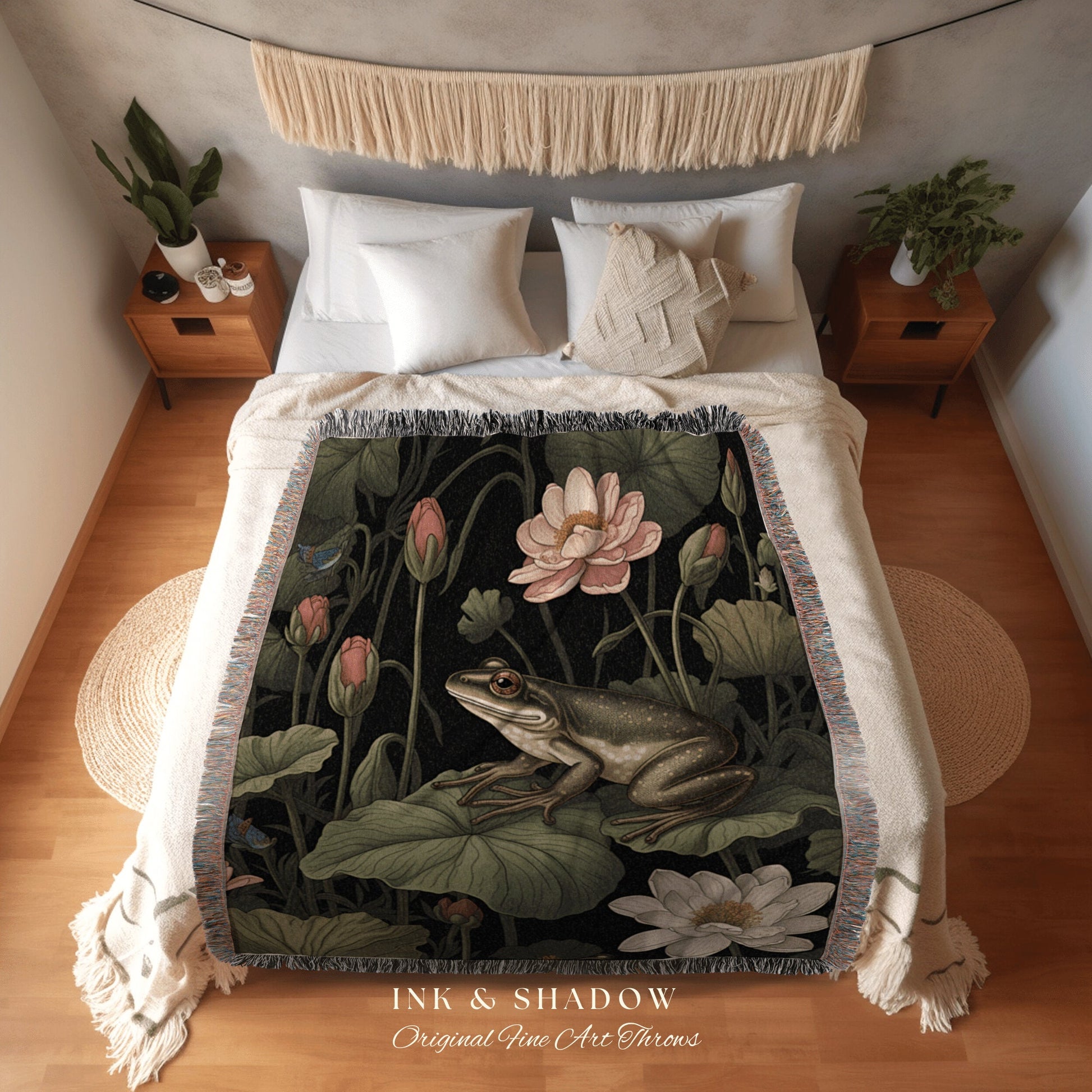 Whimsigoth Frog Tapestry Blanket | Frog & Toad Tapestry Gothic Dark Cottagecore Blanket Woven Throw Vintage Frog Blanket Goblincore Decor |