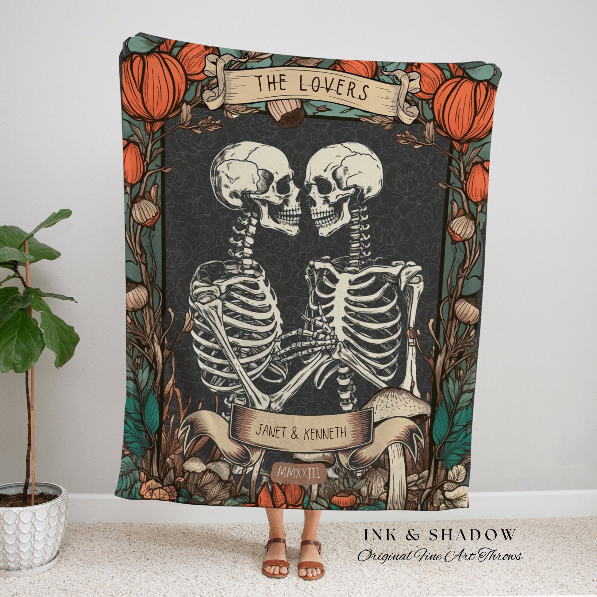 The Lovers Skeleton Woven Throw Blanket Custom Couple Anniversary Blanket, Custom Tarot Tapestry Gothic Wedding Gift His & Hers Name Blanket