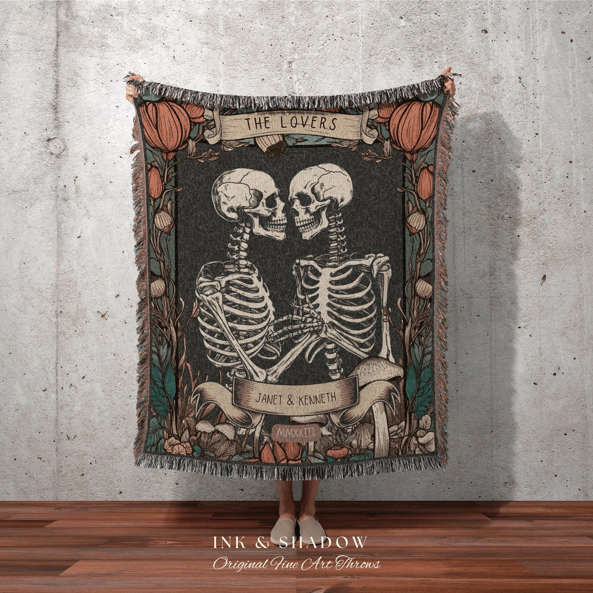 The Lovers Skeleton Woven Throw Blanket Custom Couple Anniversary Blanket, Custom Tarot Tapestry Gothic Wedding Gift His & Hers Name Blanket