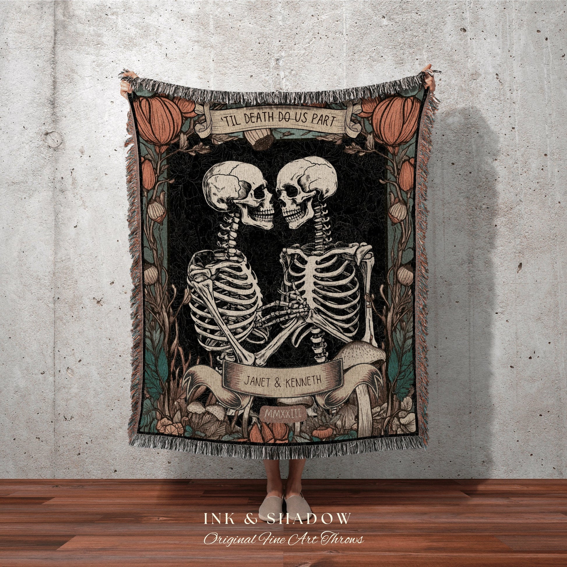 Til Death Do Us Part Custom Couples Skeleton Woven Throw Blanket | Engagement Blanket Fiance Gift for Him Custom Cotton Anniversary Gift |