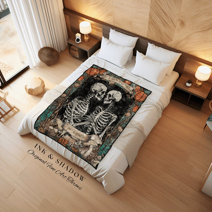 Til Death Do Us Part Custom Couples Skeleton Woven Throw Blanket | Engagement Blanket Fiance Gift for Him Custom Cotton Anniversary Gift |