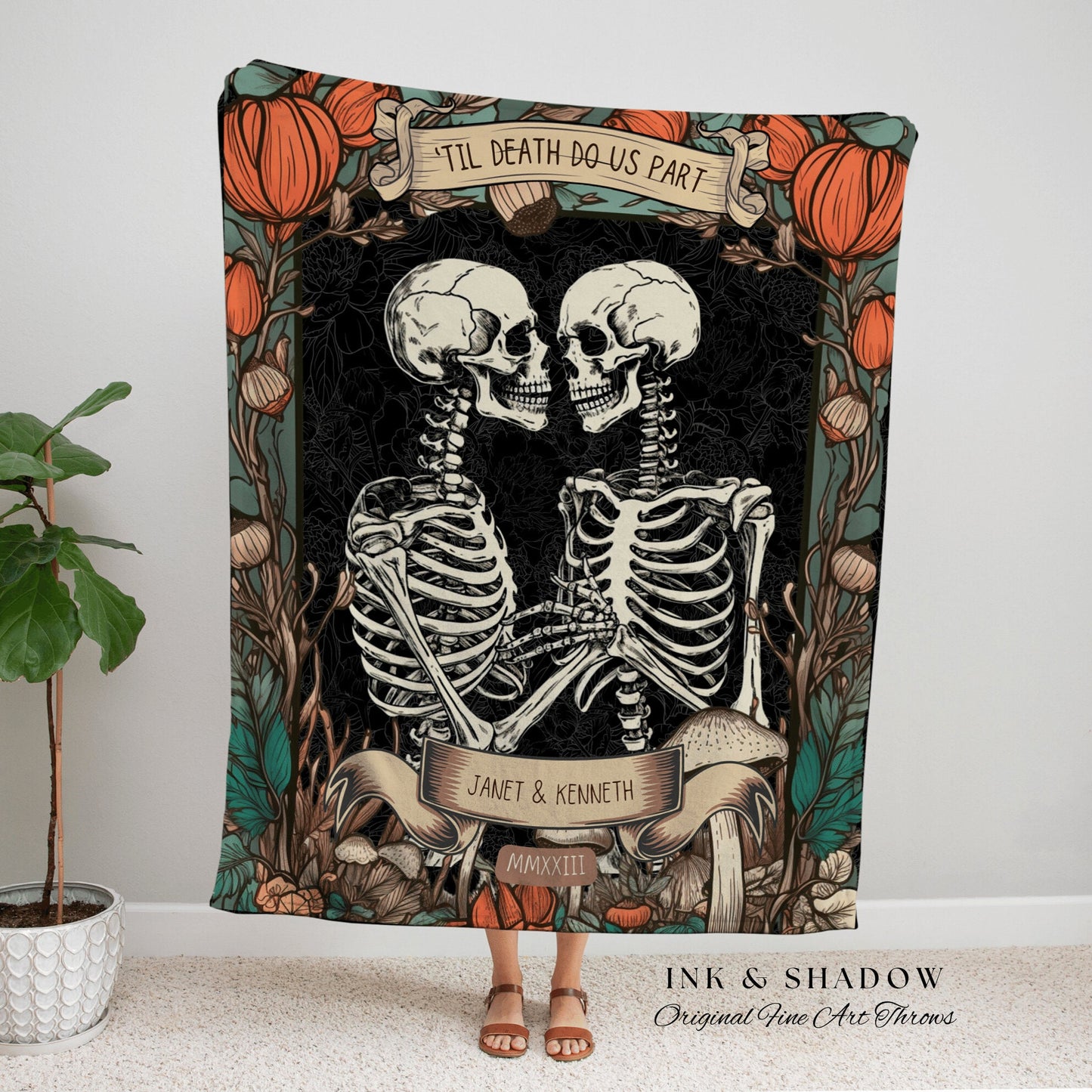 Til Death Do Us Part Custom Couples Skeleton Woven Throw Blanket | Engagement Blanket Fiance Gift for Him Custom Cotton Anniversary Gift |