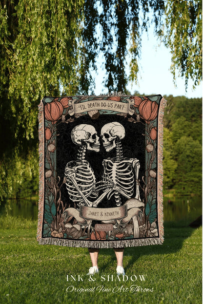 Til Death Do Us Part Custom Couples Skeleton Woven Throw Blanket | Engagement Blanket Fiance Gift for Him Custom Cotton Anniversary Gift |