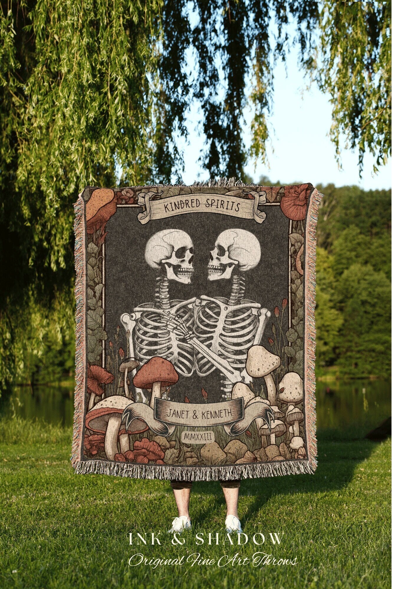 Skeleton Couple Custom Blanket | Cottagecore Wedding Gothic Skeleton Blanket Couples Tapestry Personalized Mr & Mrs Anniversary Blanket |