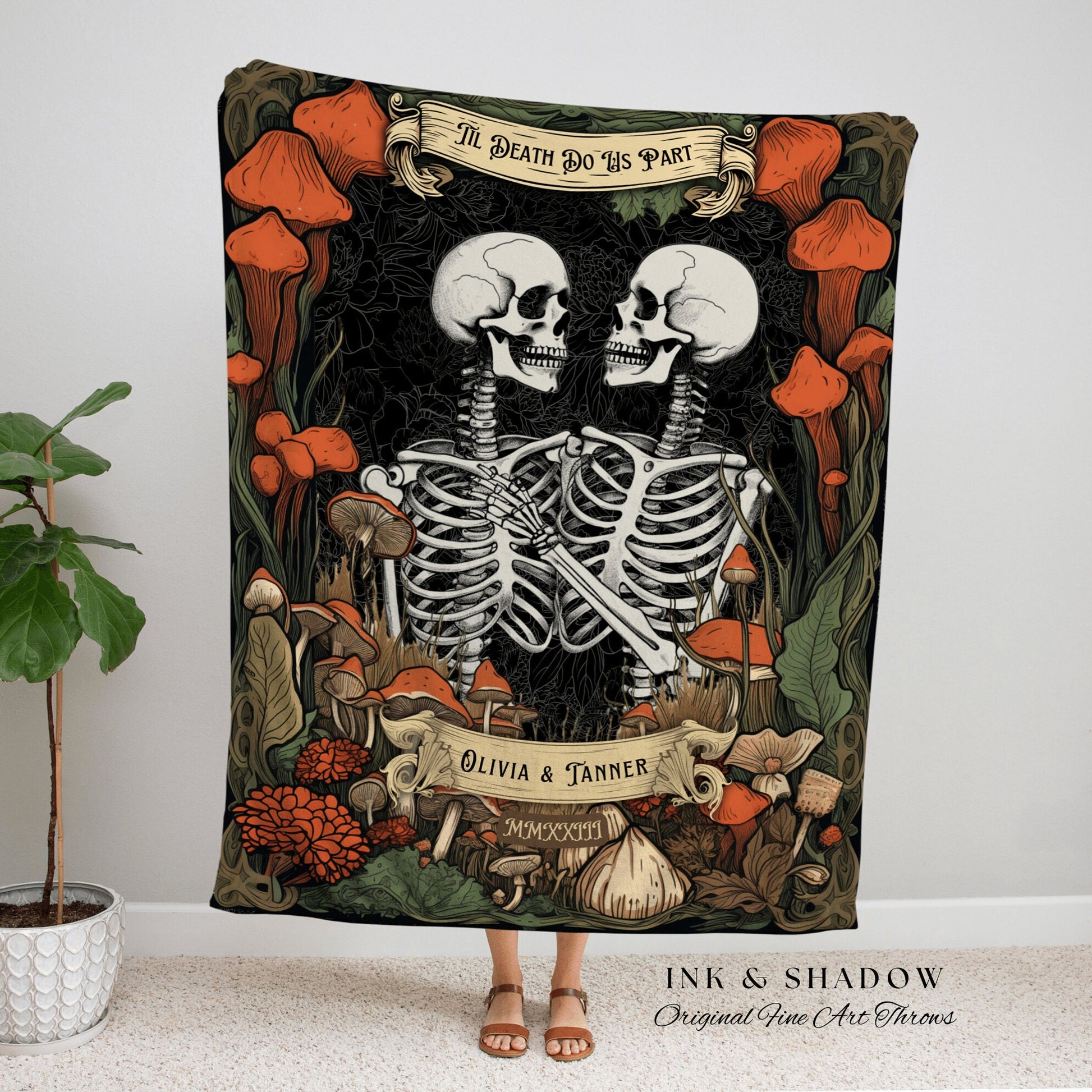 Woodland Gothic Blanket Custom Anniversary Gift | Halloween Wedding Skeleton Couple Tapestry Throw Personalized Mr & Mrs Anniversary Blanket