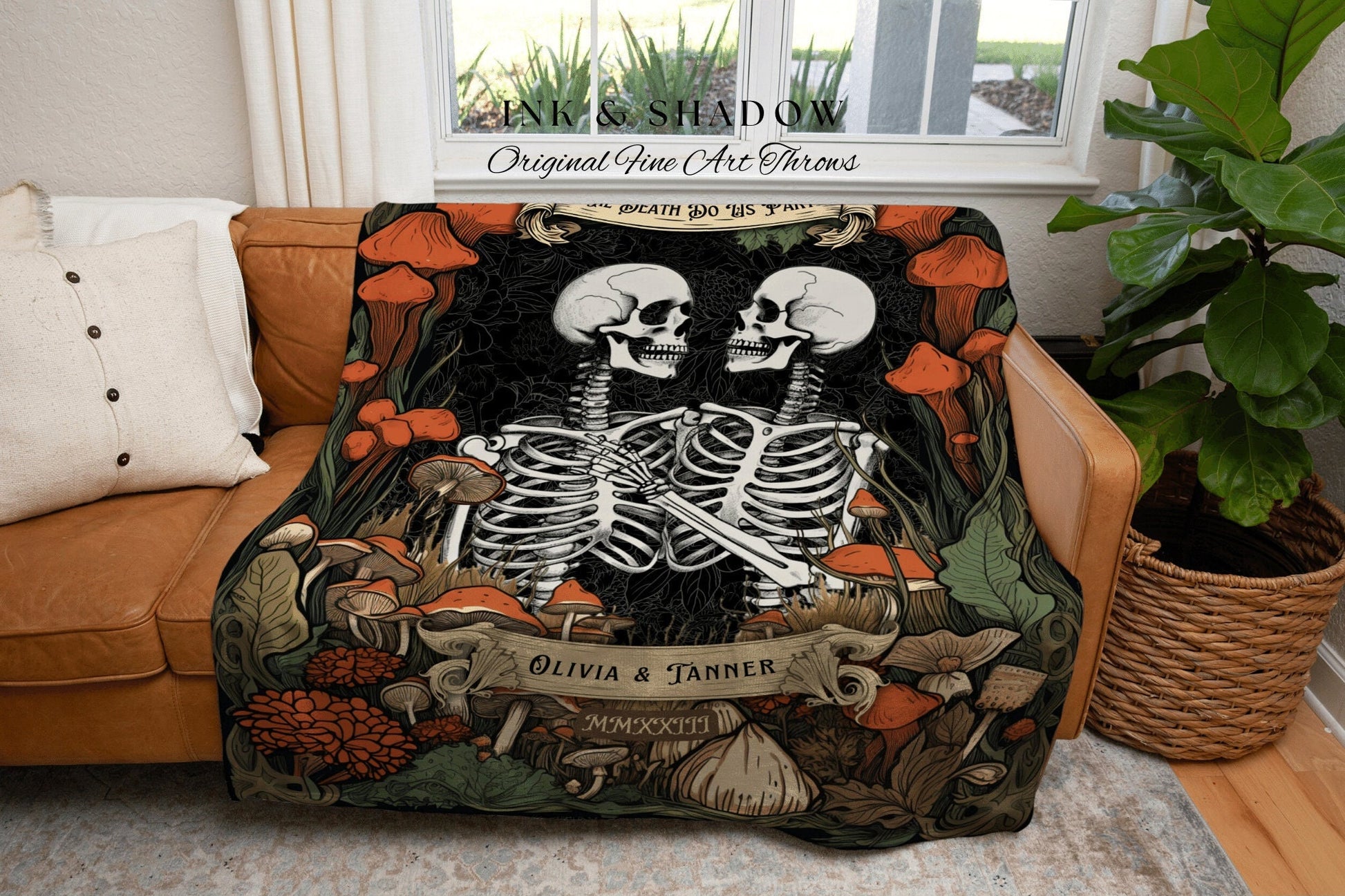 Woodland Gothic Blanket Custom Anniversary Gift | Halloween Wedding Skeleton Couple Tapestry Throw Personalized Mr & Mrs Anniversary Blanket