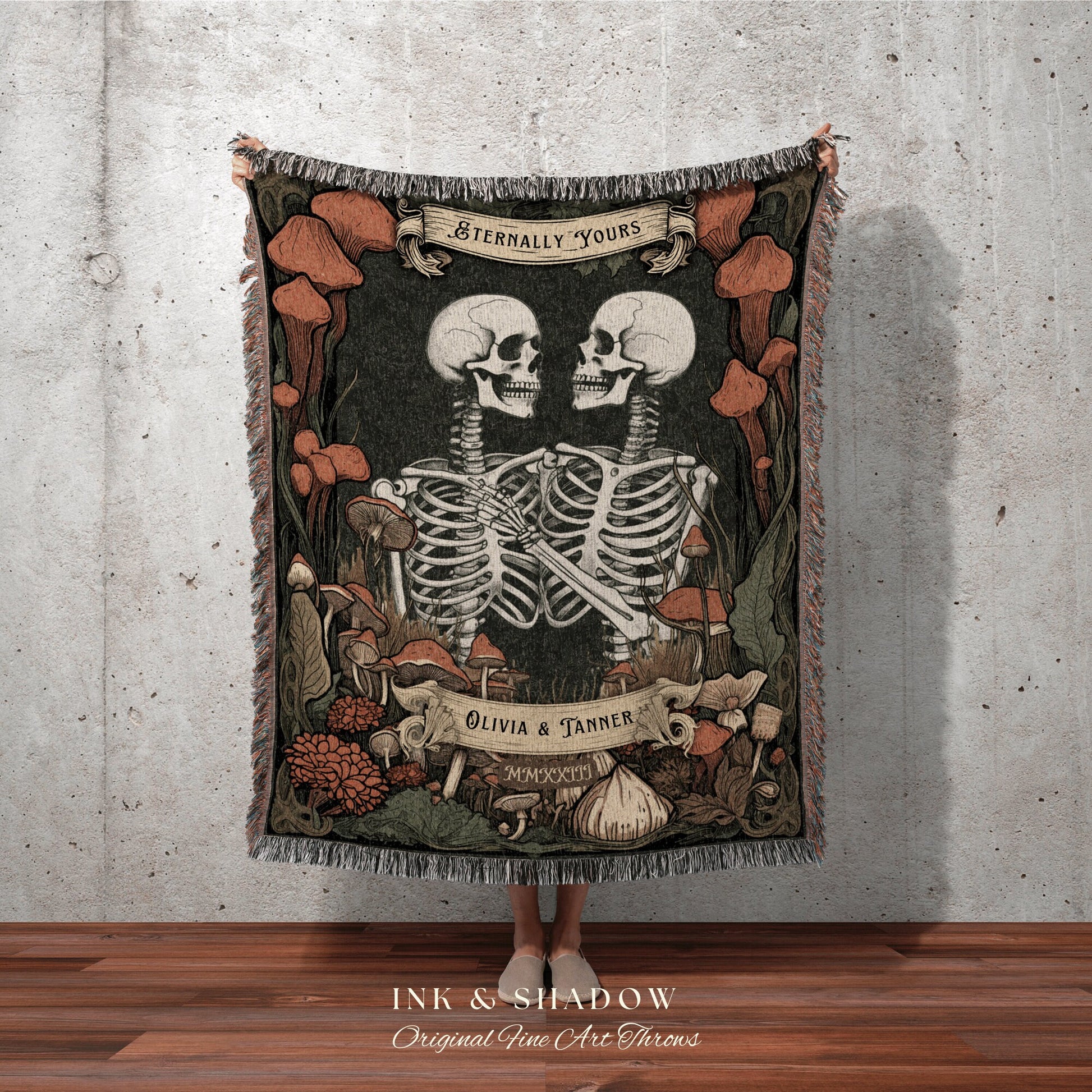 Eternally Yours Skeleton Blanket | Halloween Wedding Gothic Skeleton Blanket Couples Tapestry Personalized Mr and Mrs Personalized Tapestry