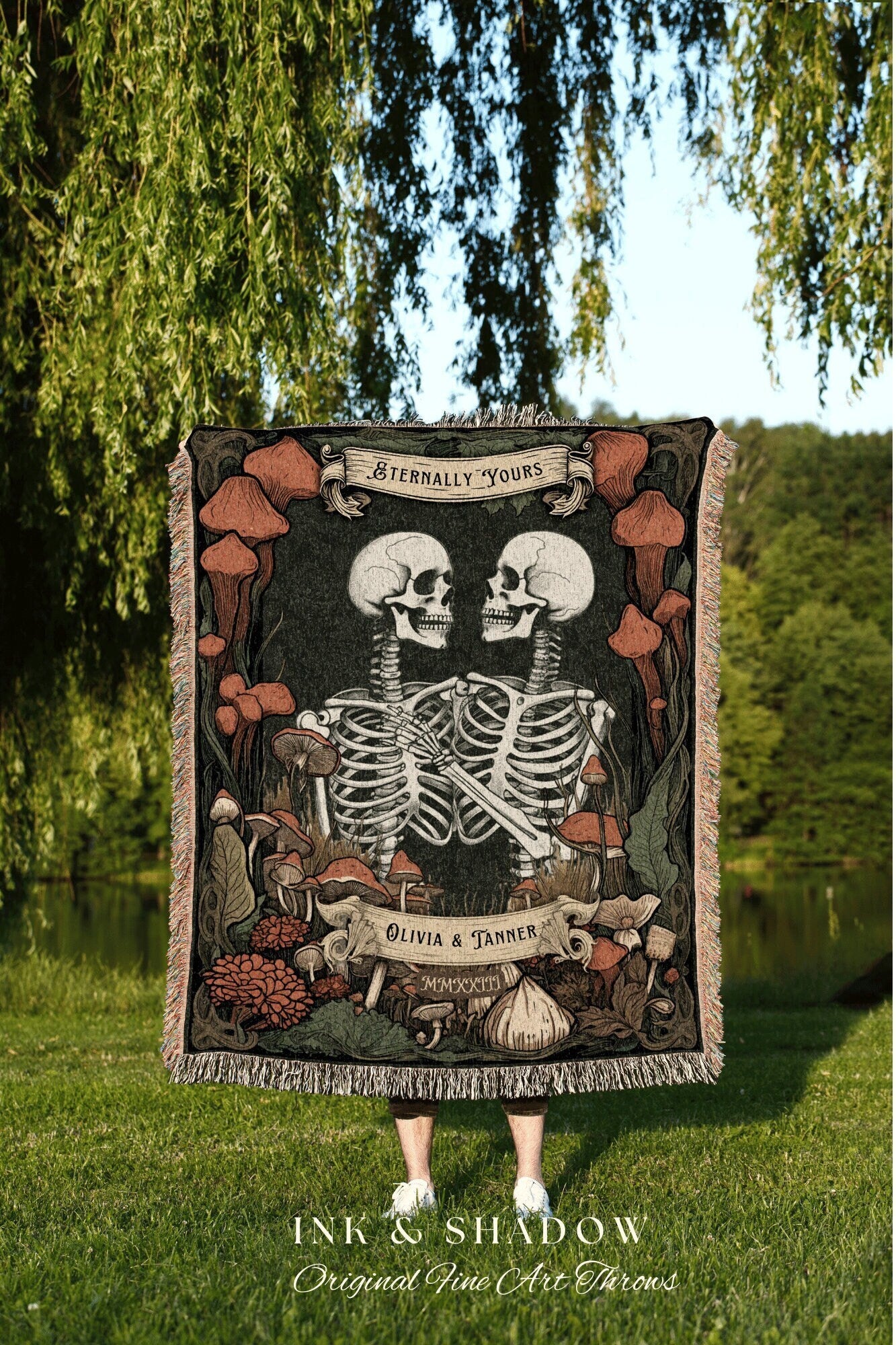 Eternally Yours Skeleton Blanket | Halloween Wedding Gothic Skeleton Blanket Couples Tapestry Personalized Mr and Mrs Personalized Tapestry