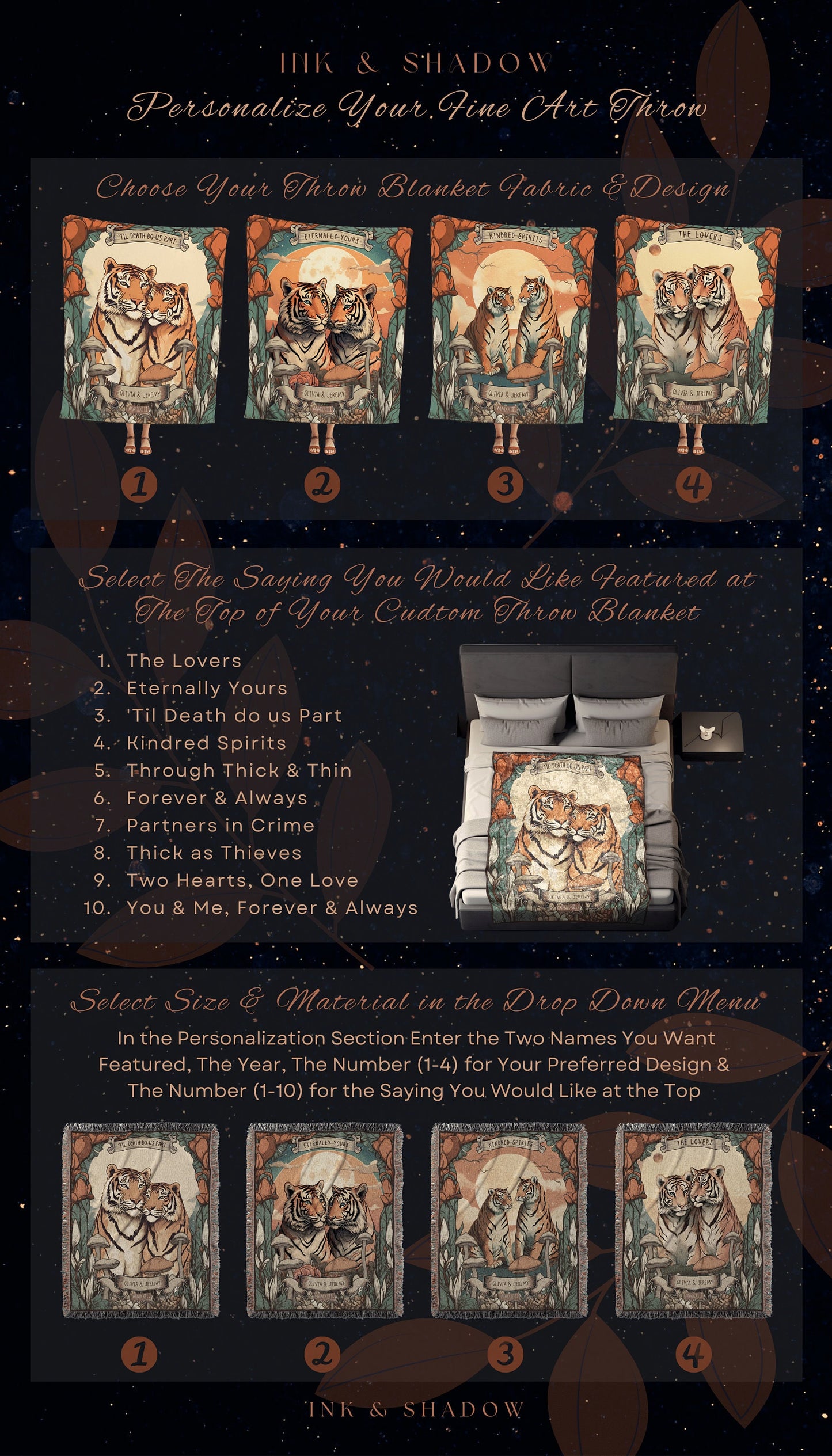 Custom Couple Tiger Lovers Woven Blanket Tarot Tapestry | 2 Year Anniversary Gift Woven Throw Tapestry His & Hers Names Personalized Blanket