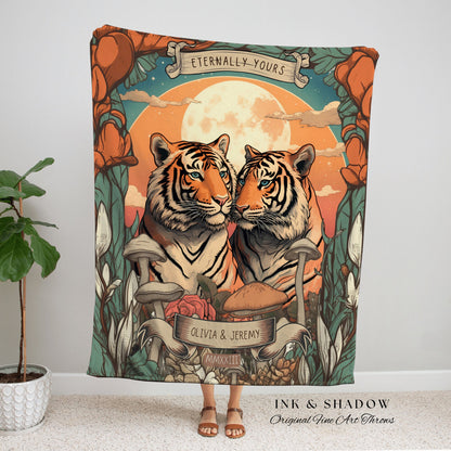 Custom Couple Tiger Lovers Woven Blanket Tarot Tapestry | 2 Year Anniversary Gift Woven Throw Tapestry His & Hers Names Personalized Blanket