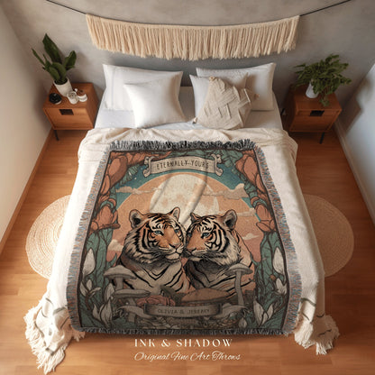 Custom Couple Tiger Lovers Woven Blanket Tarot Tapestry | 2 Year Anniversary Gift Woven Throw Tapestry His & Hers Names Personalized Blanket