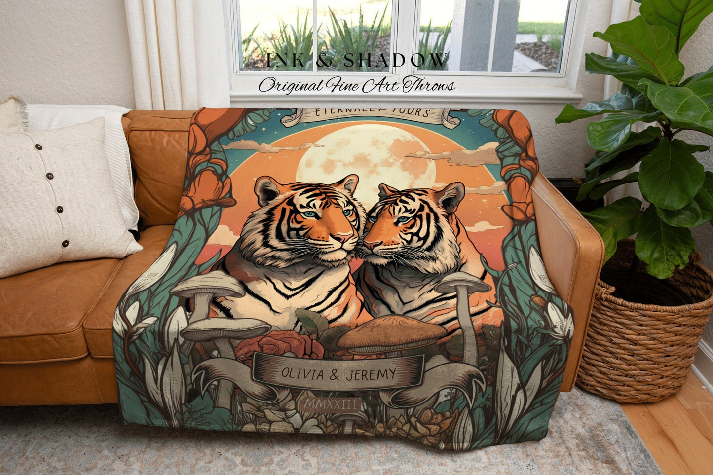 Custom Couple Tiger Lovers Woven Blanket Tarot Tapestry | 2 Year Anniversary Gift Woven Throw Tapestry His & Hers Names Personalized Blanket