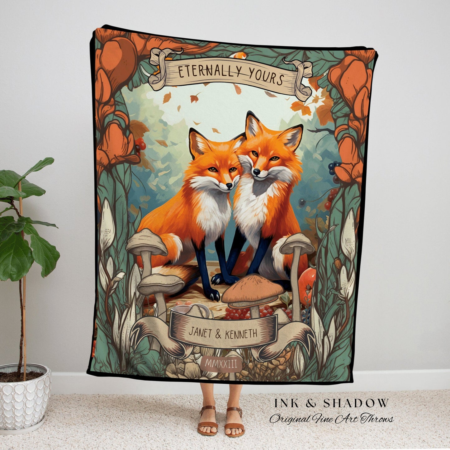 Eternally Yours Throw Blanket Custom | Cottagecore Wedding Gothic Fox Blanket Couples Tapestry Personalized Mr & Mrs Anniversary Blanket |