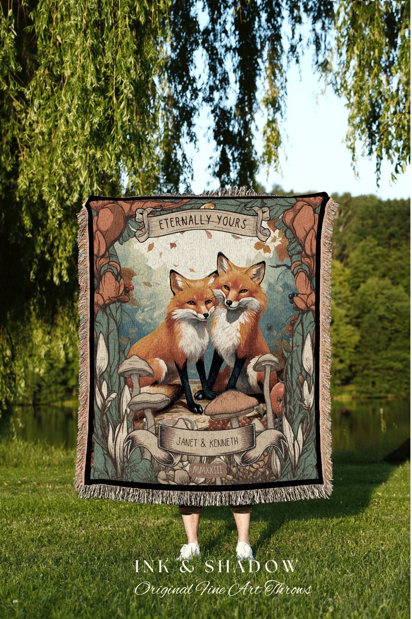 Eternally Yours Throw Blanket Custom | Cottagecore Wedding Gothic Fox Blanket Couples Tapestry Personalized Mr & Mrs Anniversary Blanket |