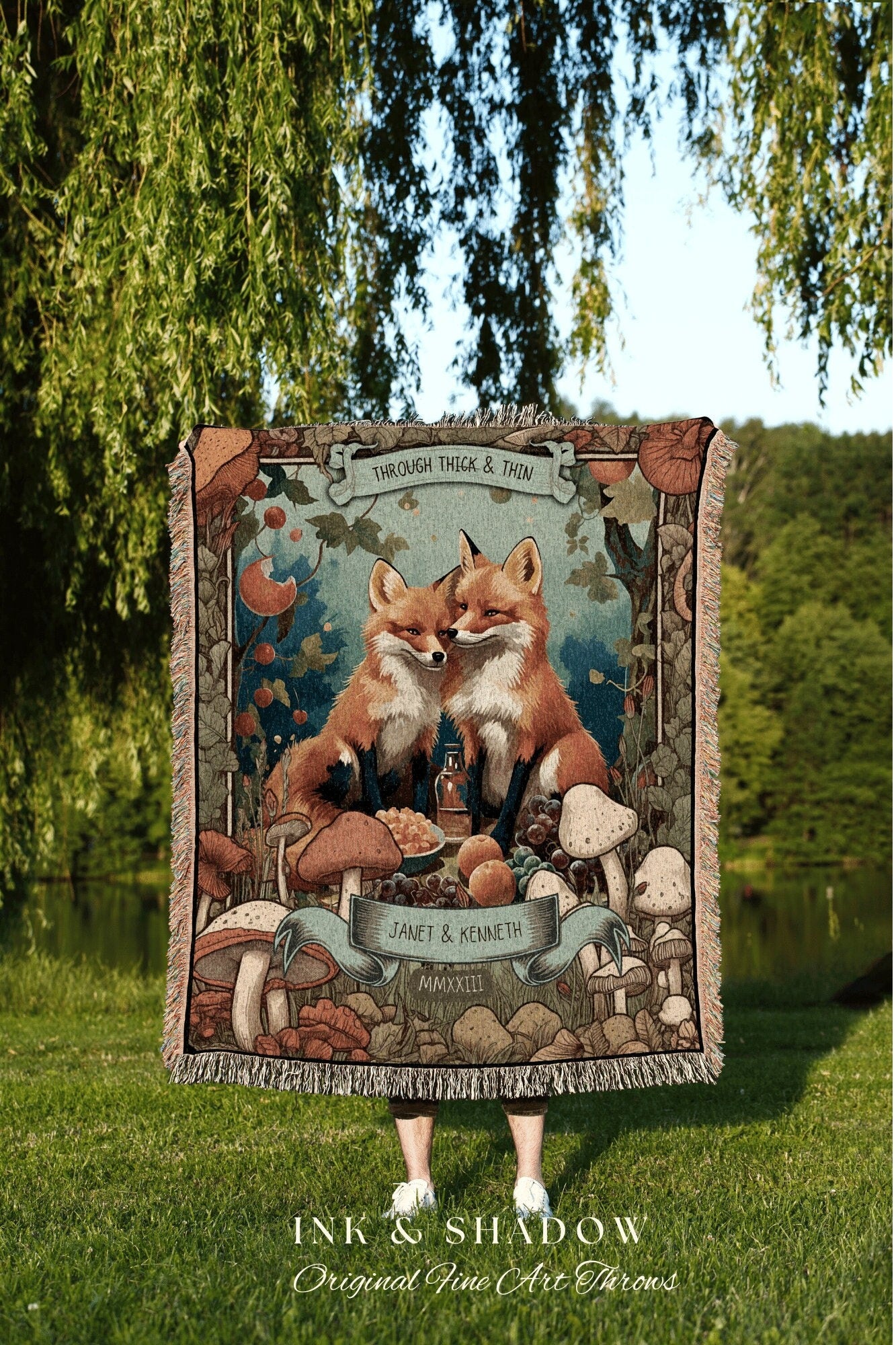 Through Thick & Thin BFF Blanket | Cottagecore Woodland Gothic Fox Blanket Best Friend Personalized Tapestry Personalized Bestie Blanket |