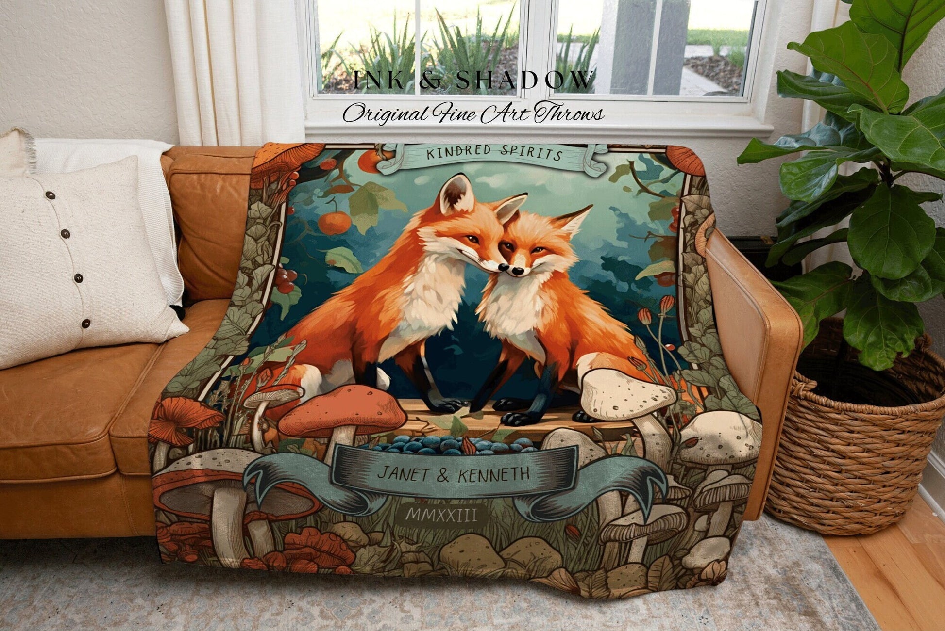 Celestial Woodland Wedding Blanket | Cottagecore Wedding Gothic Fox Blanket Cute Couples Tapestry Personalized Mr & Mrs Anniversary Blanket