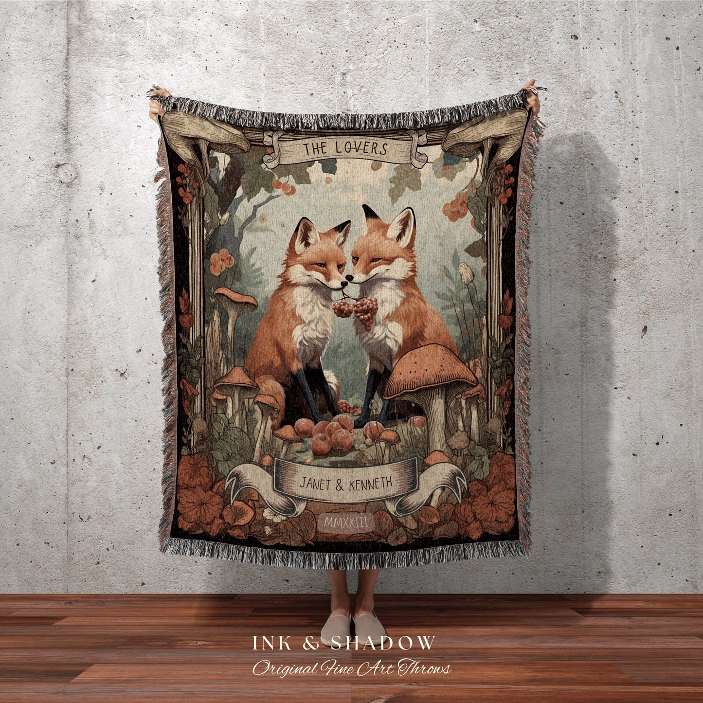 His and Hers Custom Couple Blanket | Woodland Wedding Gothic Fox Blanket Cute Couples Tapestry Personalized Mr & Mrs Anniversary Blanket Fox