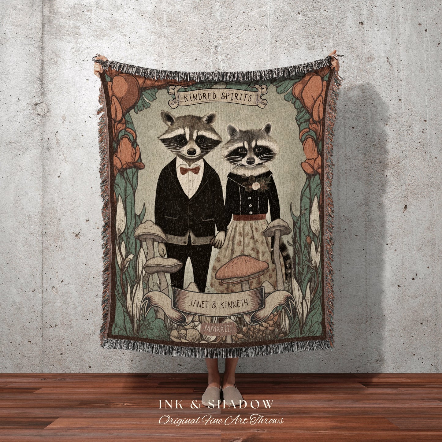 Custom Raccoon Couples Blanket | Cottagecore Couple Gothic Raccoon Blanket Couples Tapestry Personalized Mr & Mrs Custom Anniversary Blanket