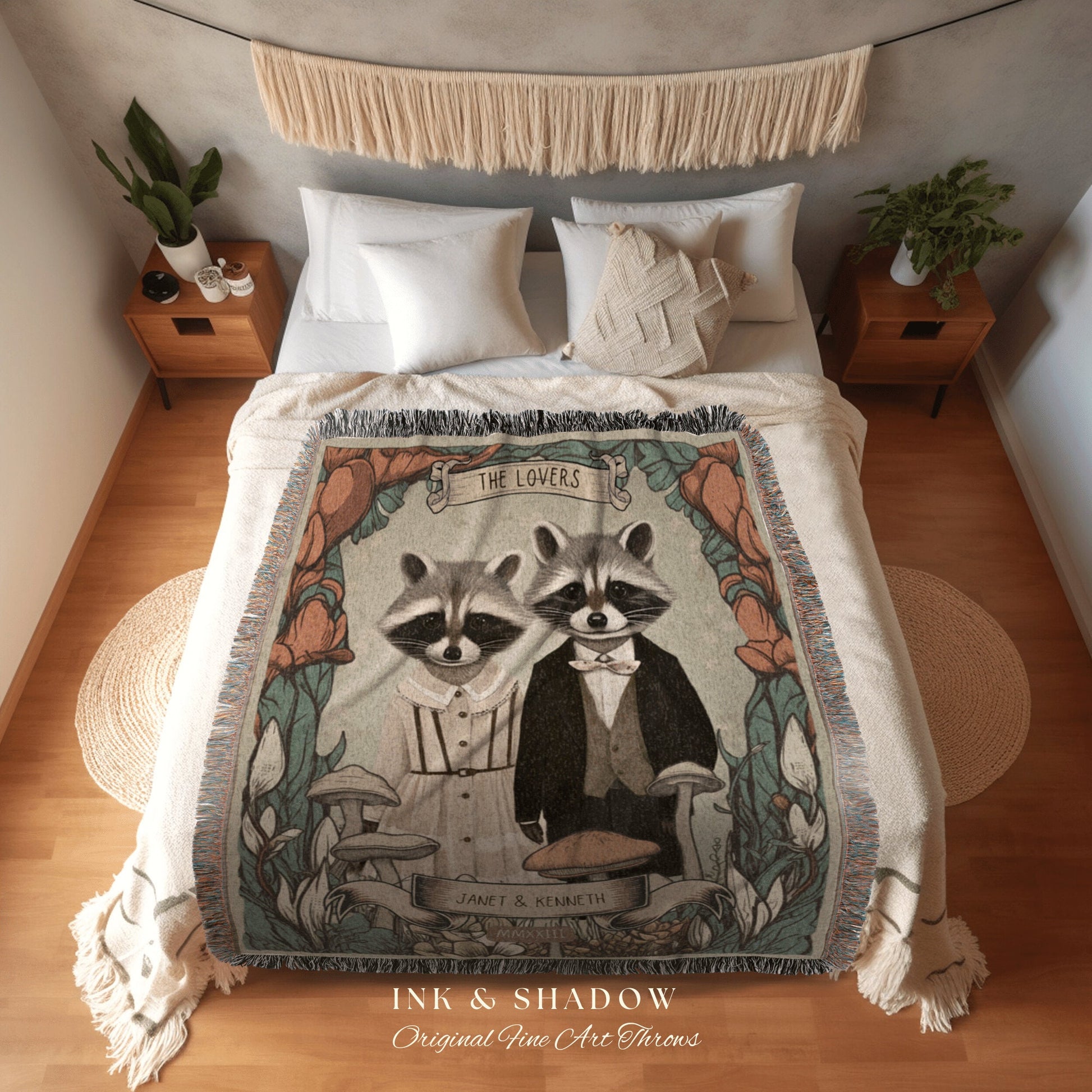 Cute Raccoon Couple Wedding Blanket | Cottagecore Wedding Gothic Raccoon Blanket Couples Tapestry Personalized Mr & Mrs Anniversary Blanket