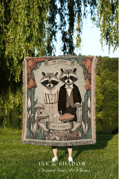 Cute Raccoon Couple Wedding Blanket | Cottagecore Wedding Gothic Raccoon Blanket Couples Tapestry Personalized Mr & Mrs Anniversary Blanket