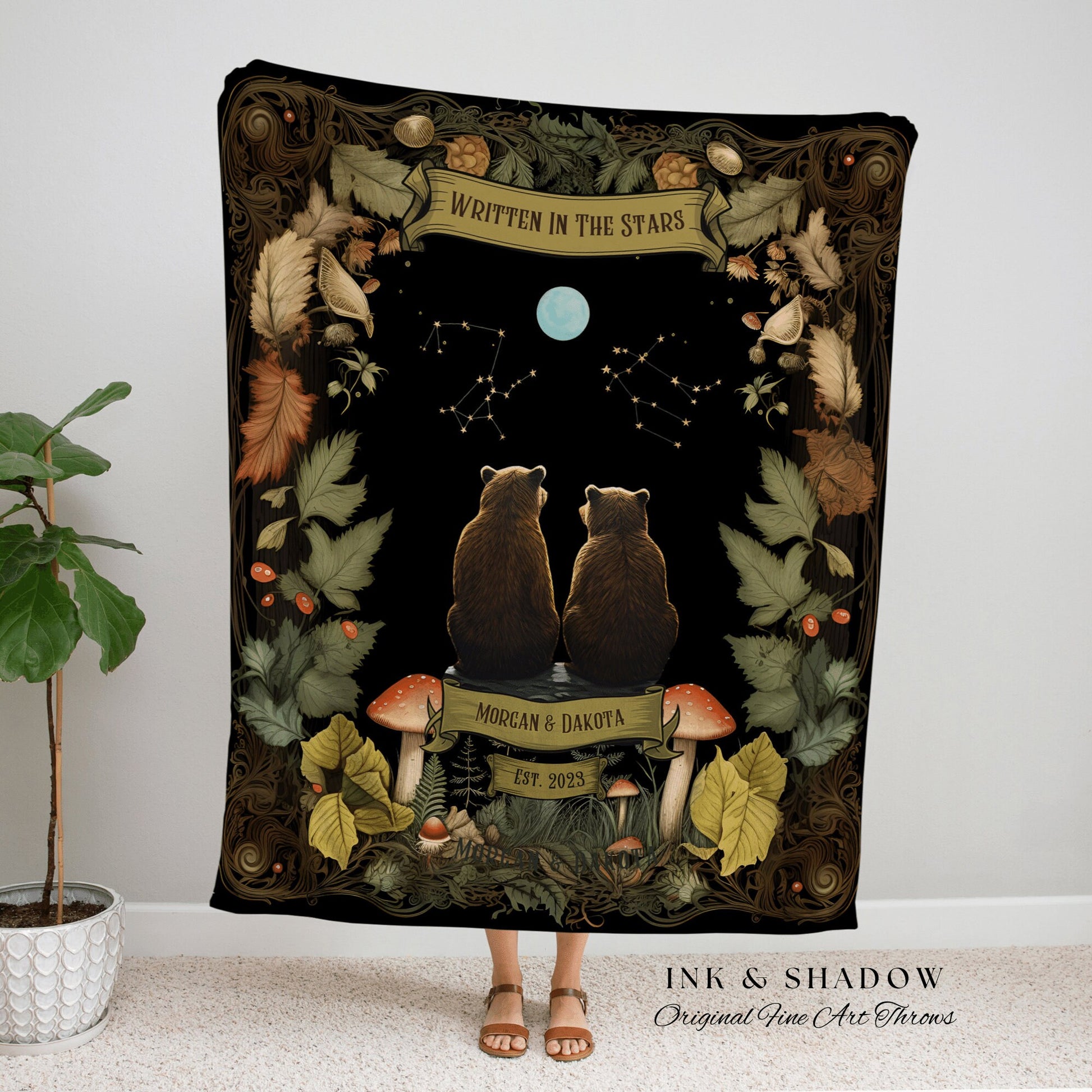 Written in the Stars Custom Blanket | Cottagecore Wedding Couple Woven Throw Bear Blanket Couples Astrology Personalized Throw Woodland |