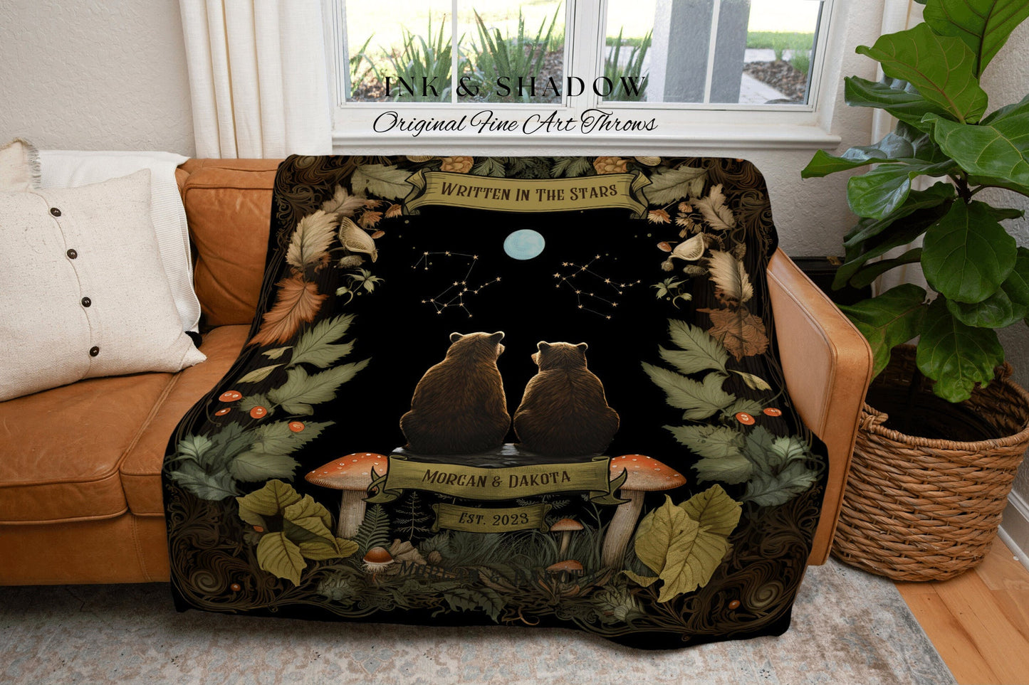 Written in the Stars Custom Blanket | Cottagecore Wedding Couple Woven Throw Bear Blanket Couples Astrology Personalized Throw Woodland |