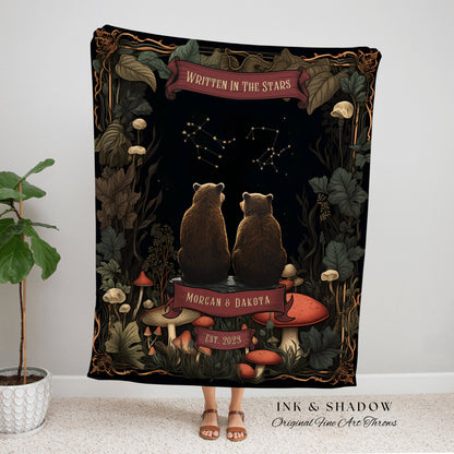 Woodland Couples Astrology Blanket | Cottagecore Wedding Couple Woven Tapestry Bear Blanket Couples Astrology Personalized Throw Woodland |