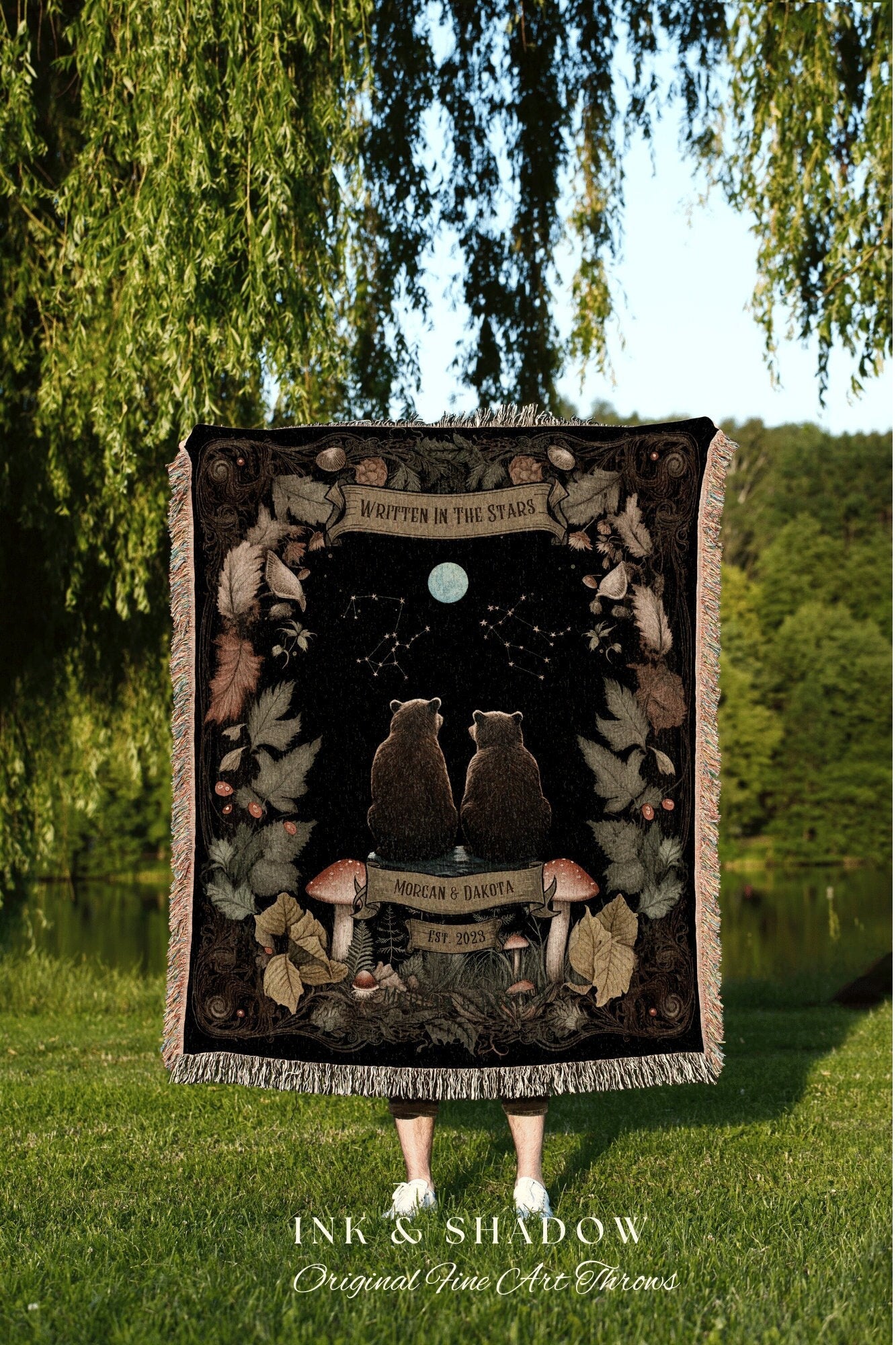 Written in the Stars Custom Blanket | Cottagecore Wedding Couple Woven Throw Bear Blanket Couples Astrology Personalized Throw Woodland |