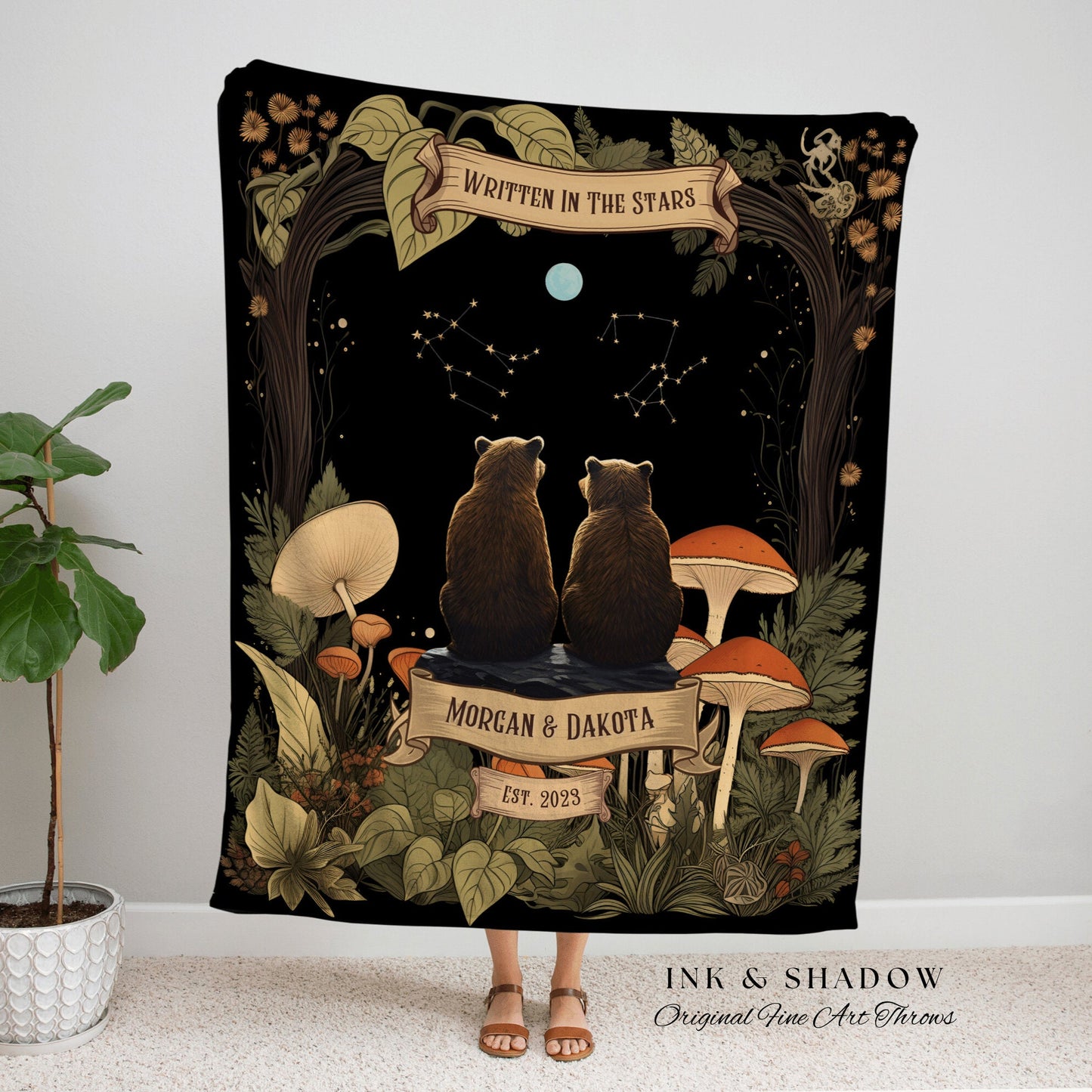 Couples Constellation Blanket Custom | Cottagecore Wedding Couple Woven Throw Bear Blanket Couples Astrology Personalized Throw Woodland |