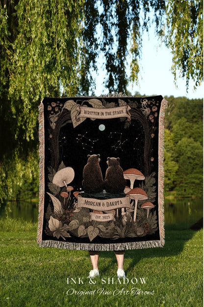 Couples Constellation Blanket Custom | Cottagecore Wedding Couple Woven Throw Bear Blanket Couples Astrology Personalized Throw Woodland |