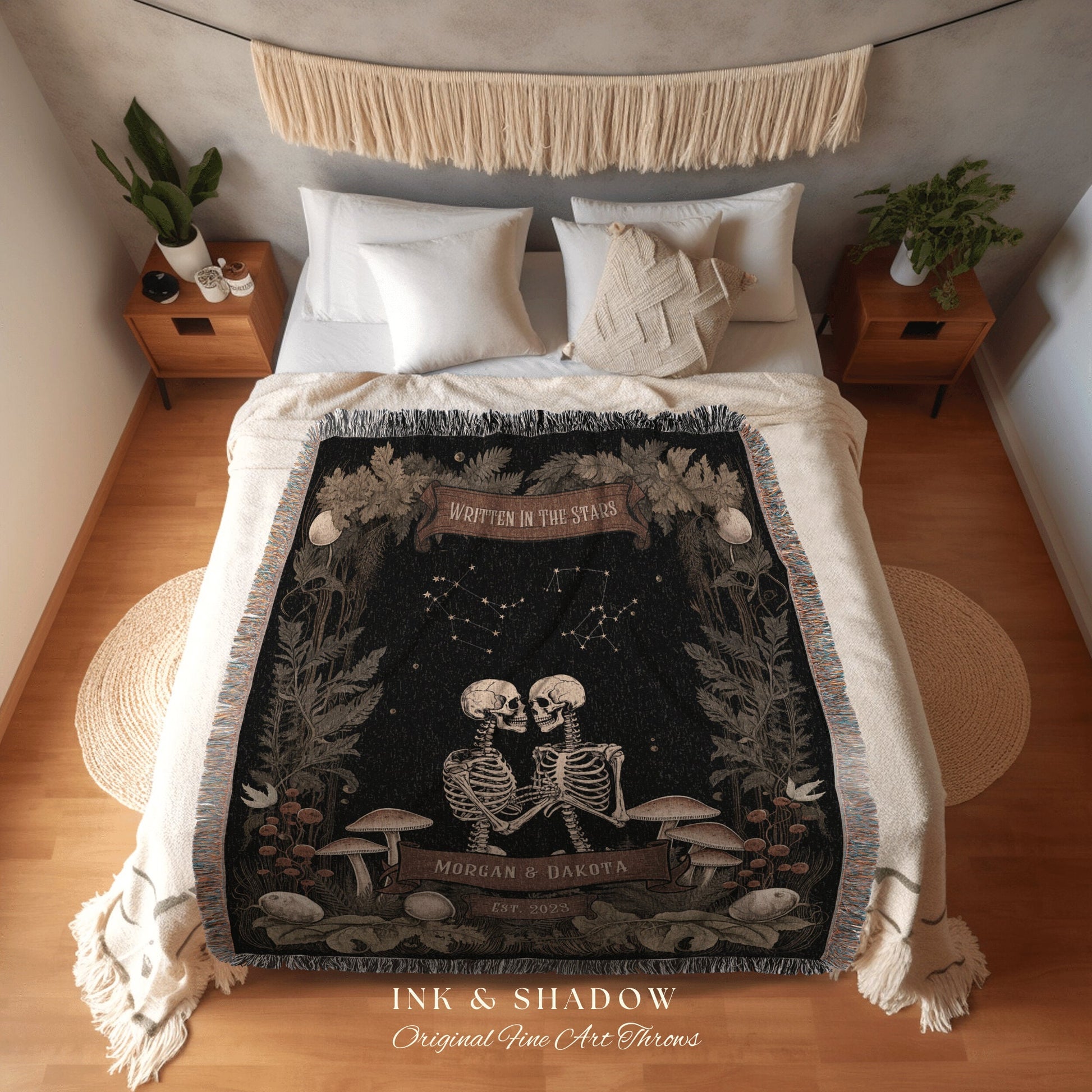 Gothic Couples Constellation Blanket | Cottagecore Wedding Couple Woven Throw Skeleton Couple Astrology Personalized Woodland Throw Blanket