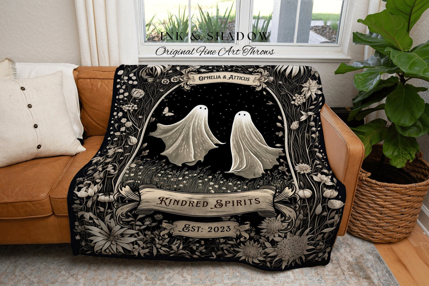 Ghostly Couple Anniversary Blanket | Personalized Wedding Blanket Spooky Halloween Tapestry Woven Ghost Gift for Goths Dark Academia Decore