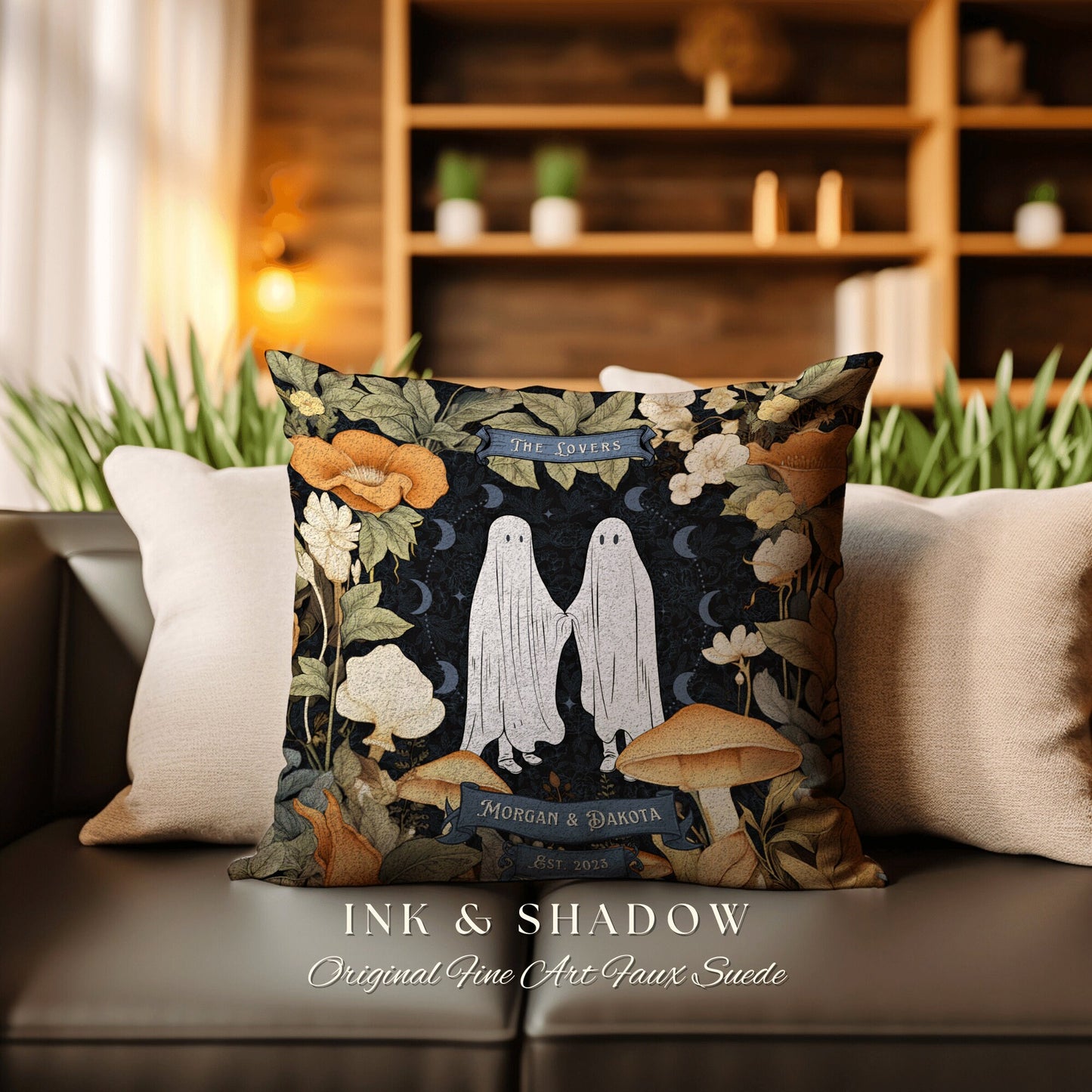 The Lovers Ghost Couple Throw Pillow | Woodland Decor Custom Anniversary Meaningful Wedding Gift for Couple Housewarming Gift Unique Couple