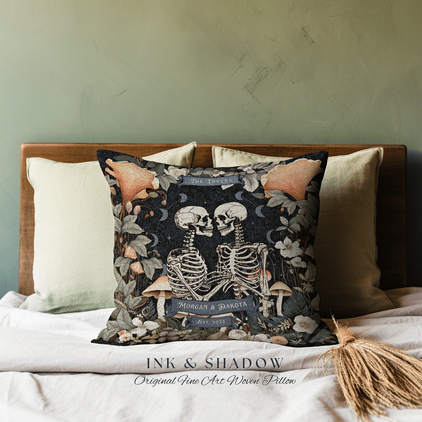 Skeleton Lovers Throw Pillow Woven | Cottagecore Decor Custom Anniversary Meaningful Wedding Gift for Couple Housewarming Unique Couple Gift