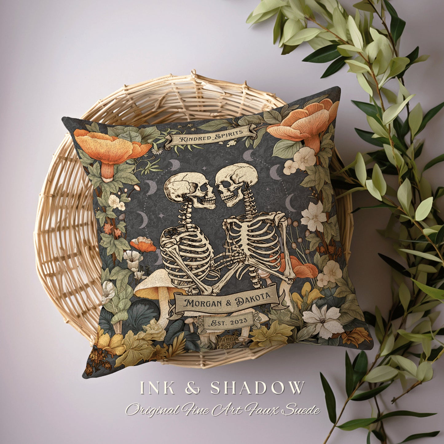 Custom Skeleton Couple Woven Pillow | Cottagecore Decor Custom Anniversary Meaningful Wedding Gift for Couple Housewarming Gift Unique Decor