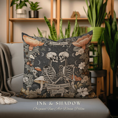 Custom Skeleton Couple Woven Pillow | Cottagecore Decor Custom Anniversary Meaningful Wedding Gift for Couple Housewarming Gift Unique Decor