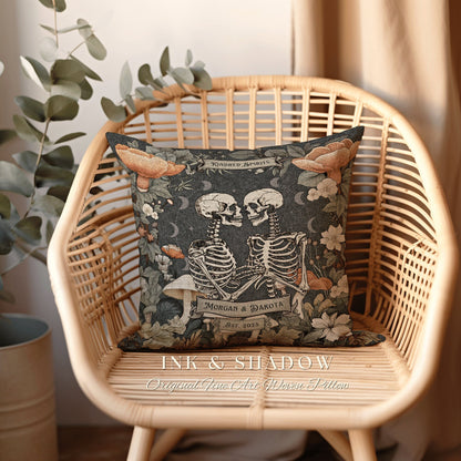 Custom Skeleton Couple Woven Pillow | Cottagecore Decor Custom Anniversary Meaningful Wedding Gift for Couple Housewarming Gift Unique Decor