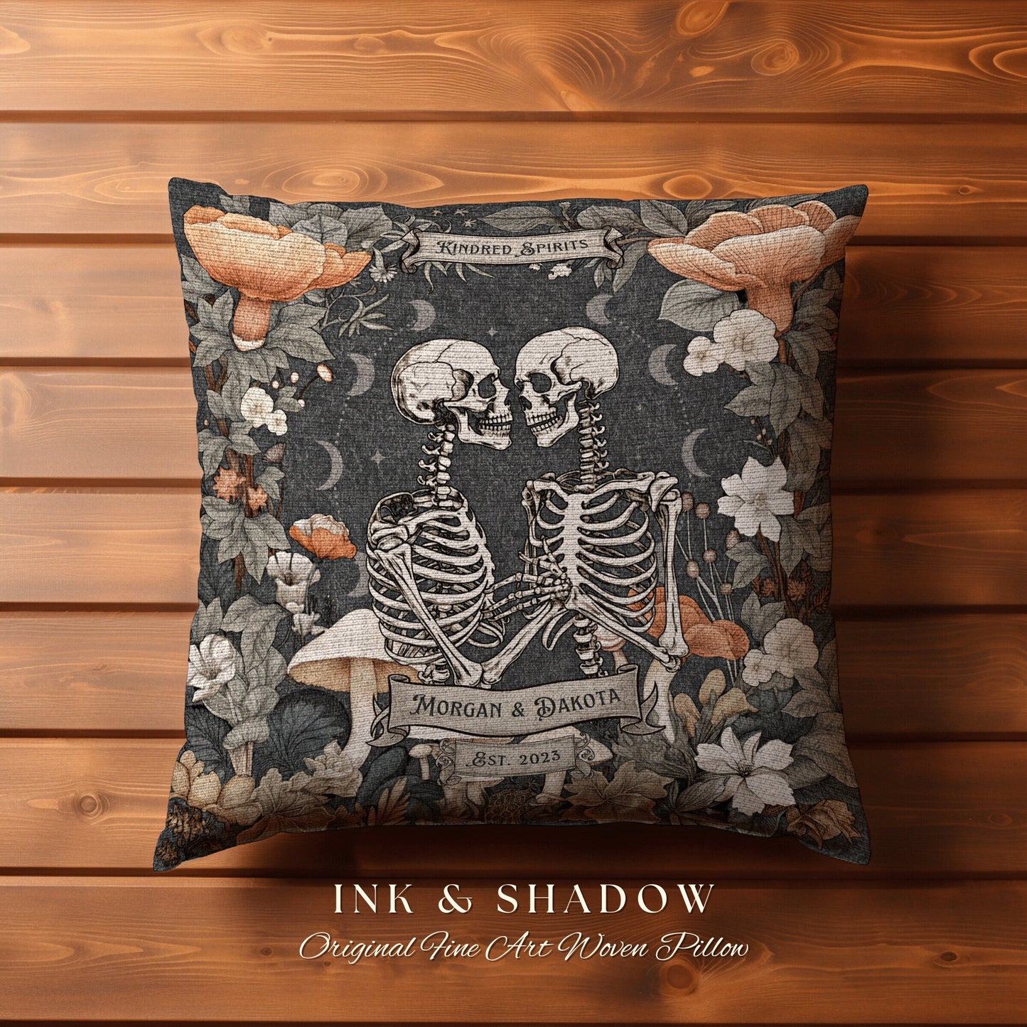 Custom Skeleton Couple Woven Pillow | Cottagecore Decor Custom Anniversary Meaningful Wedding Gift for Couple Housewarming Gift Unique Decor