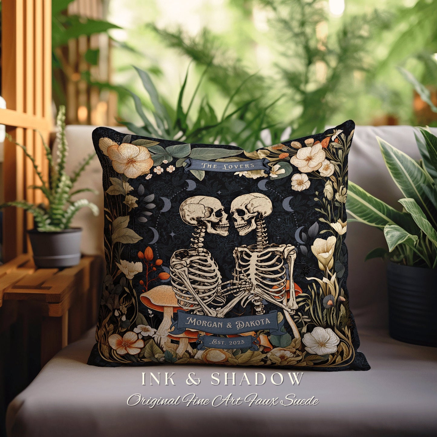 The Lovers Tarot Pillow Custom | Cottagecore Decor Custom Anniversary Meaningful Wedding Gift for Couple Housewarming Gift Skeleton Couple |