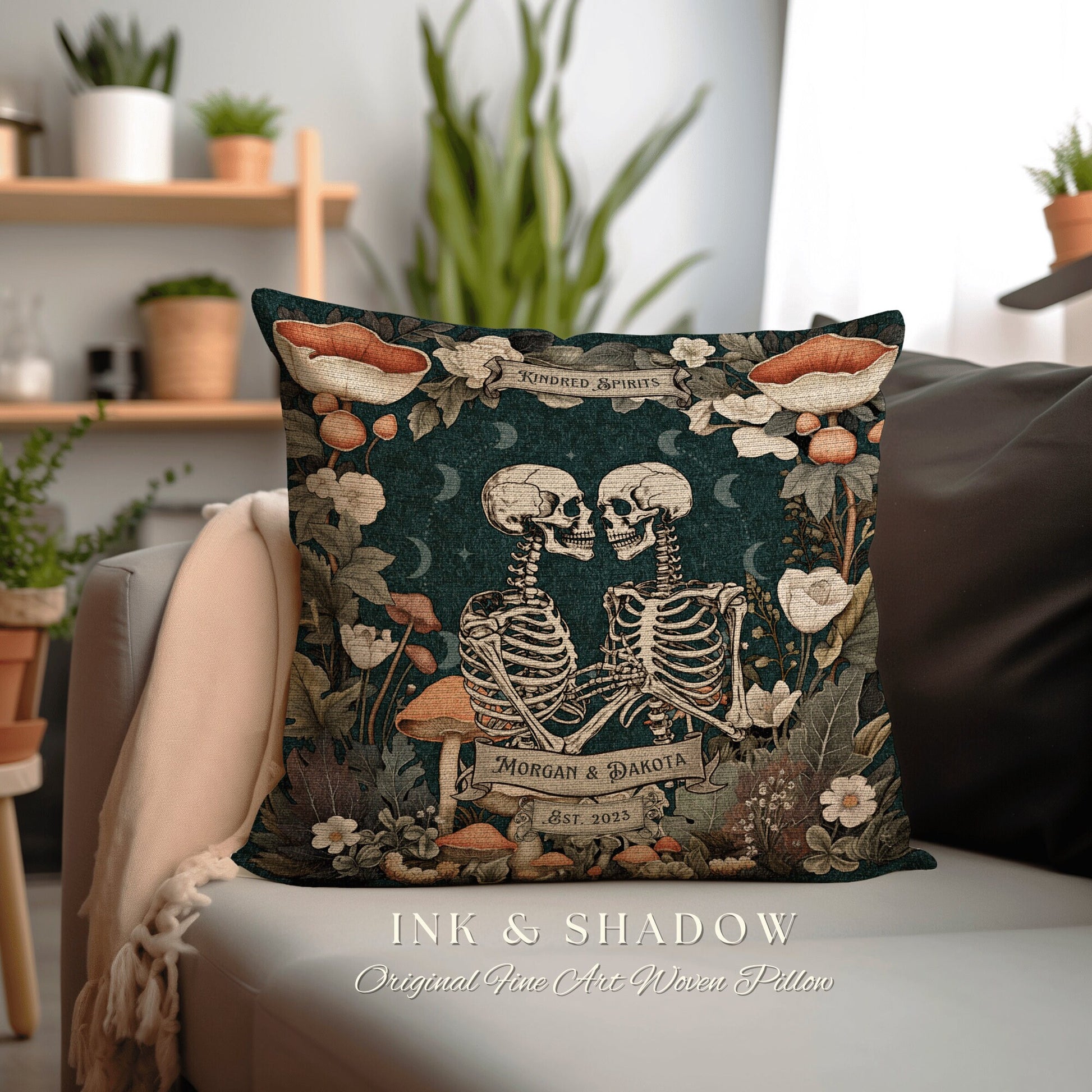 Anniversary Pillow Personalized Gift | Cottagecore Decor Custom Anniversary Meaningful Gift for Couple Housewarming Gift Skeleton Couple |