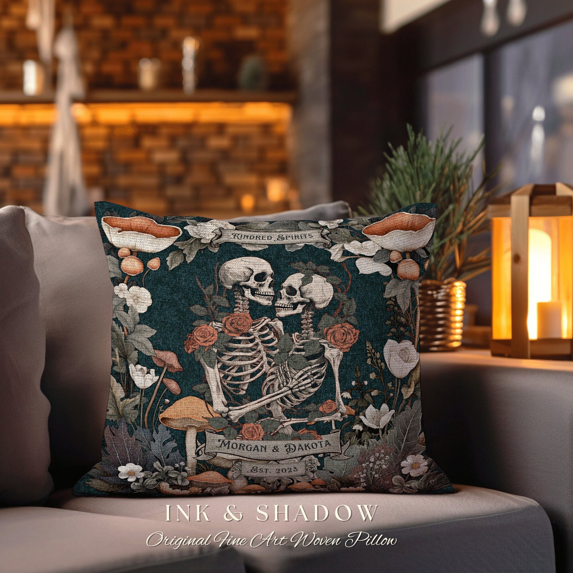 Kindred Spirits Anniversary Pillow Woven | Cottagecore Decor Custom Anniversary Meaningful Gift for Couple Housewarming Gift Skeleton Lovers