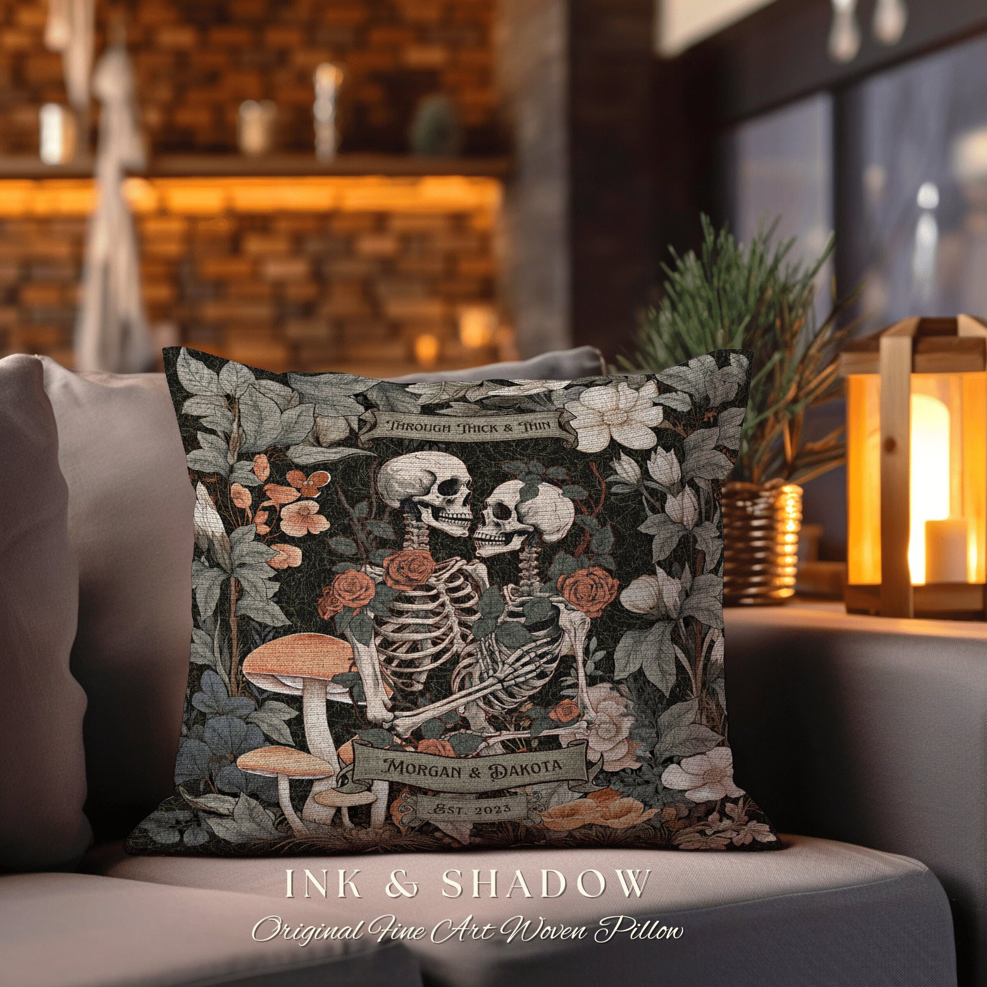 Goth Couple Anniversary Pillow Woven | Cottagecore Decor Custom Anniversary Meaningful Gift for Couple Housewarming Gift Skeleton Couple |