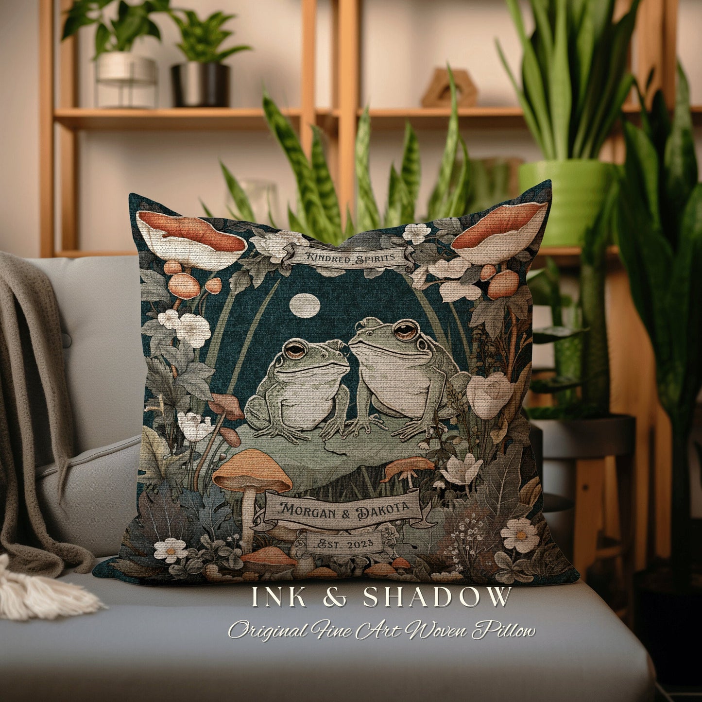 Until we Croak Frog Couple Custom | Woodland Wedding Personalized Woven Throw Pillow Frog & Toad Pillow Decor Goblincore Custom Anniversary