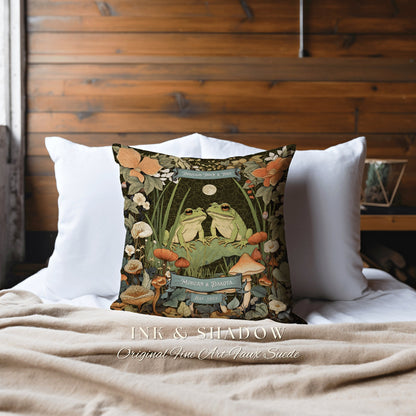 Mushroom Frog Couple Pillow | Woodland Wedding Gift Personalized Woven Throw Pillow Vintage Frog & Toad Pillow Goblincore Custom Anniversary