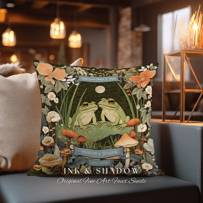 Mushroom Frog Couple Pillow | Woodland Wedding Gift Personalized Woven Throw Pillow Vintage Frog & Toad Pillow Goblincore Custom Anniversary