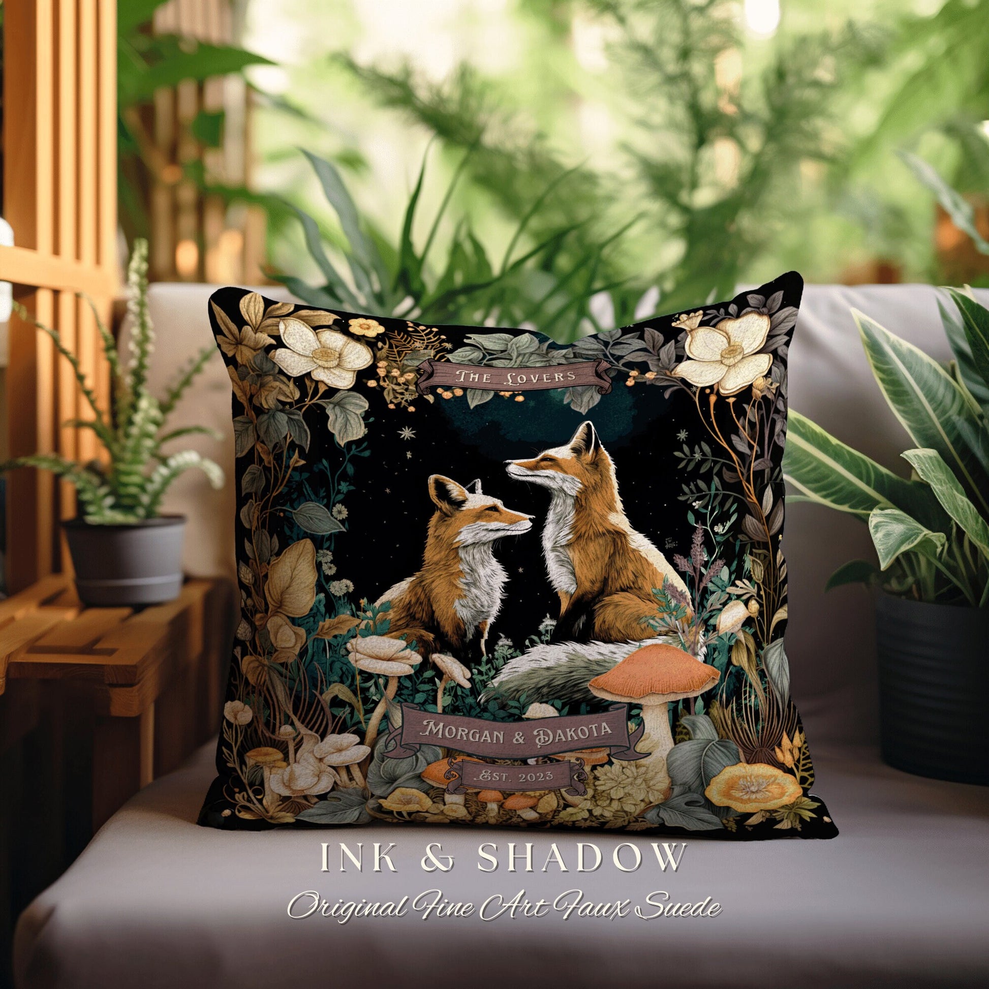 The Lovers Fox Pillow Custom Name | Woodland Decor Custom Dating Anniversary Meaningful Gift Housewarming Pillow Cottagecore Fox Couple Gift