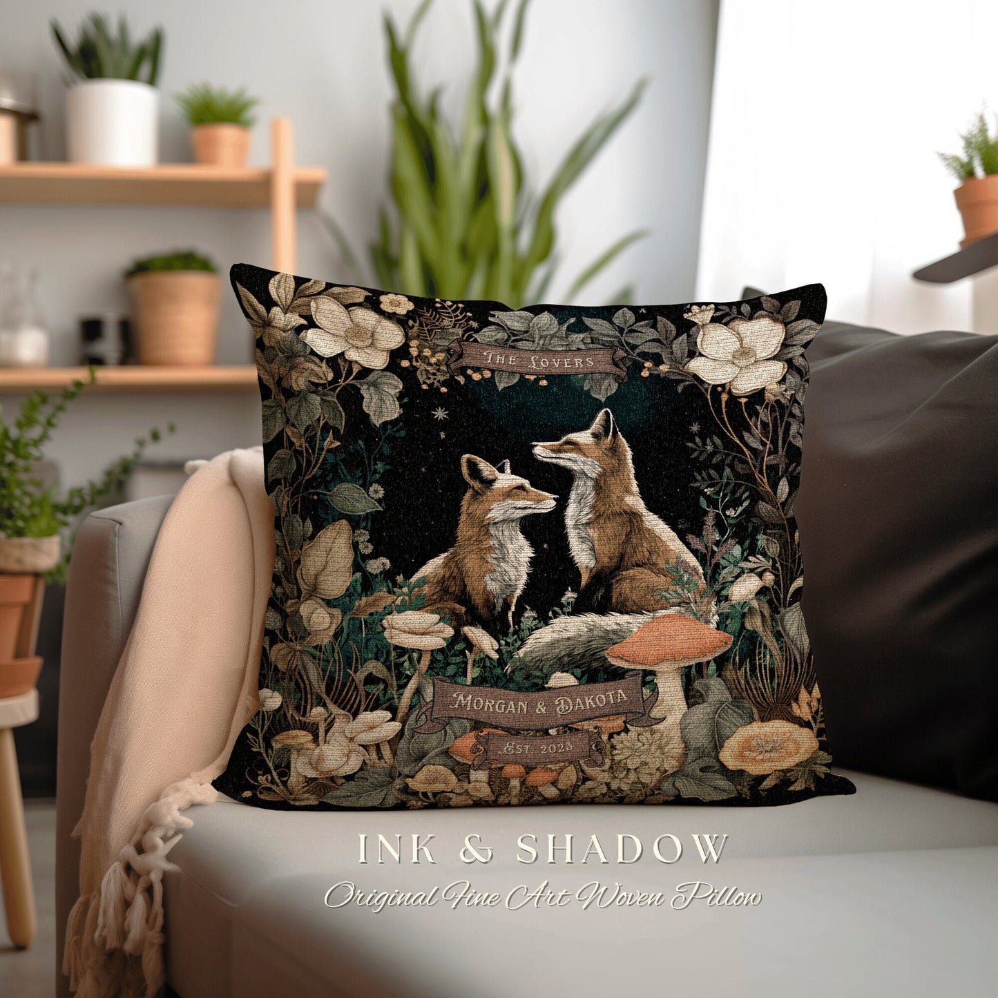 The Lovers Fox Pillow Custom Name | Woodland Decor Custom Dating Anniversary Meaningful Gift Housewarming Pillow Cottagecore Fox Couple Gift